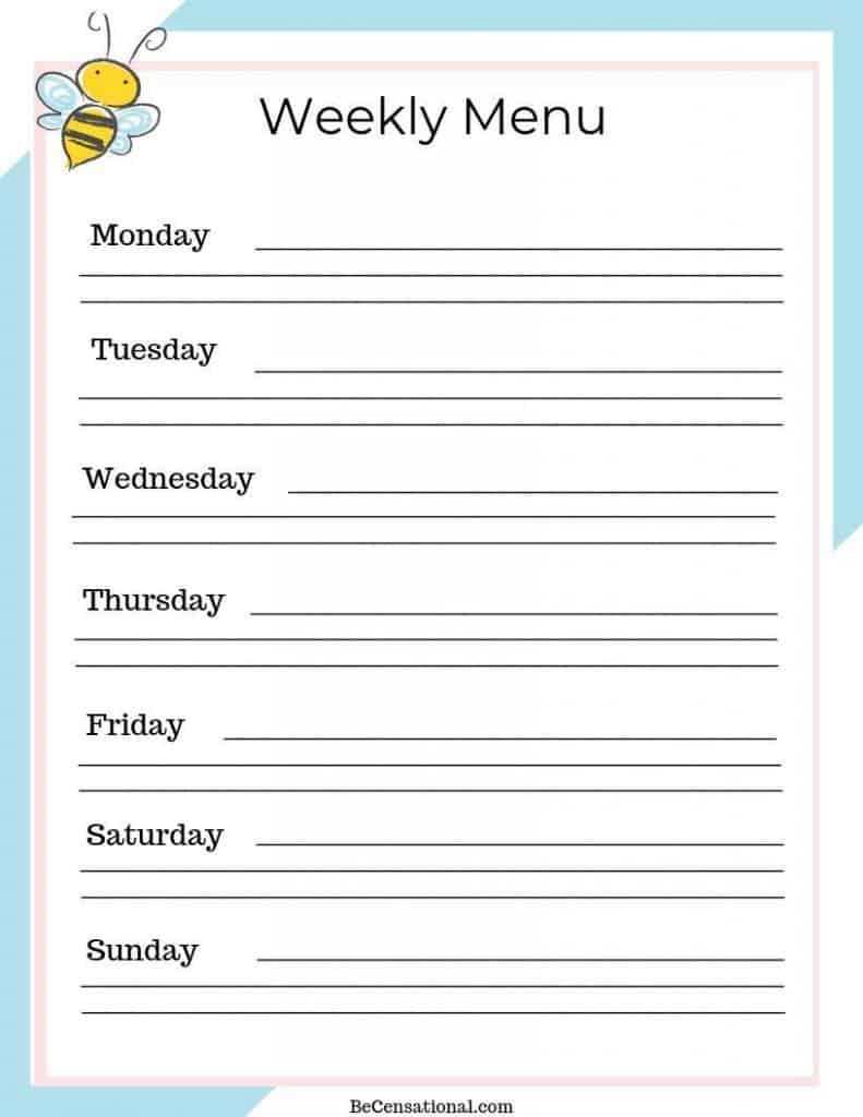 Save money week menu. A weekly menu sheet with 7 days of the week listed.