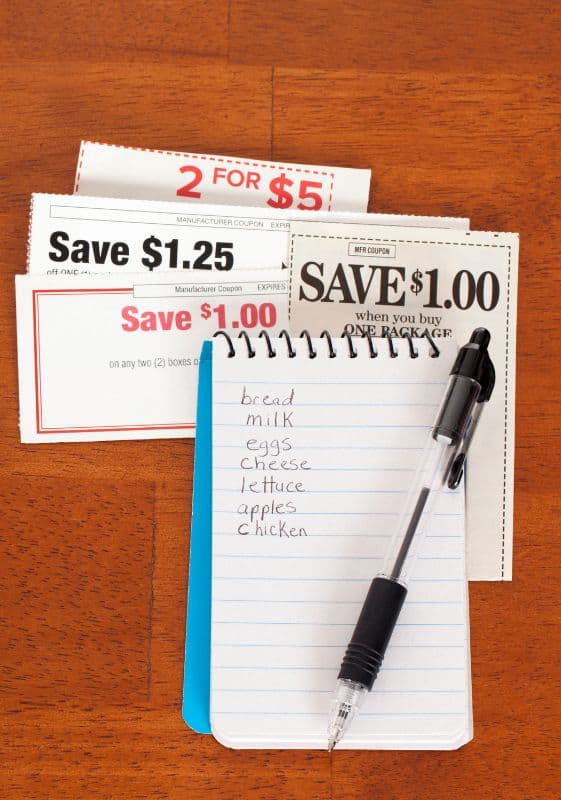 Grocery list and coupons. Hacks to save money on groceries.