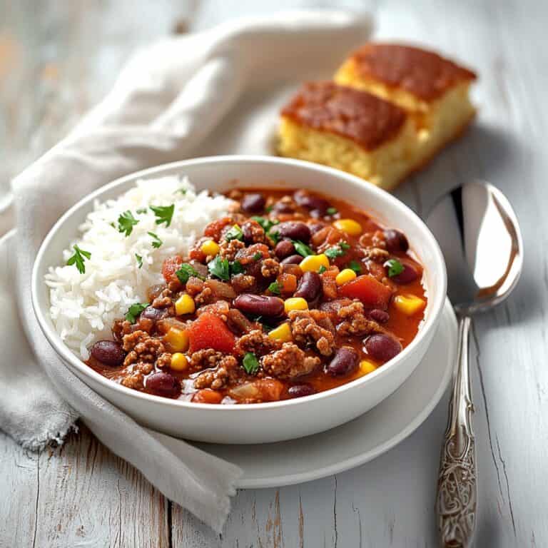A hearty bowl of chili with ground beef, beans, corn, and tomatoes, served with white rice and garnished with fresh parsley. A budget-friendly and filling meal, perfect for those looking for cheap foods to buy when broke. Cornbread is placed in the background on a rustic wooden table.