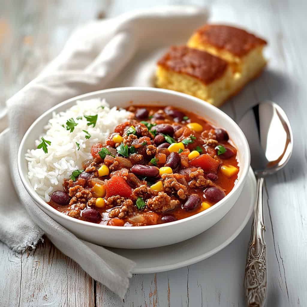 A hearty bowl of chili with ground beef, beans, corn, and tomatoes, served with white rice and garnished with fresh parsley. A budget-friendly and filling meal, perfect for those looking for cheap foods to buy when broke. Cornbread is placed in the background on a rustic wooden table.