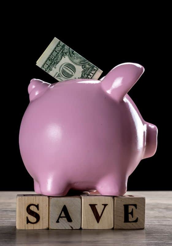 Side view of a pink piggy bank with a dollar bill and the words 'save'.