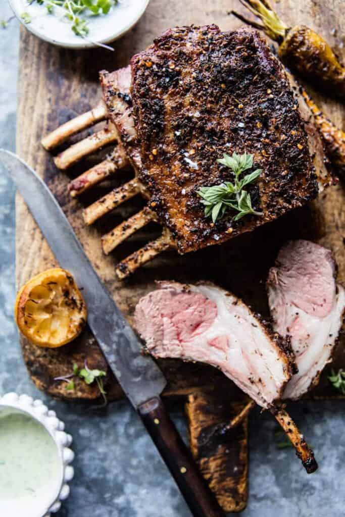 Roasted rack of lamb with basil goat cheese sauce