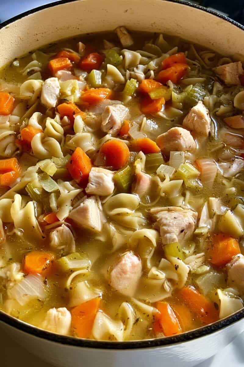 Close-up of chicken noodle soup in a white Dutch oven, with egg noodles, bite-sized chicken breast pieces, sliced carrots, celery, and onions in golden broth.