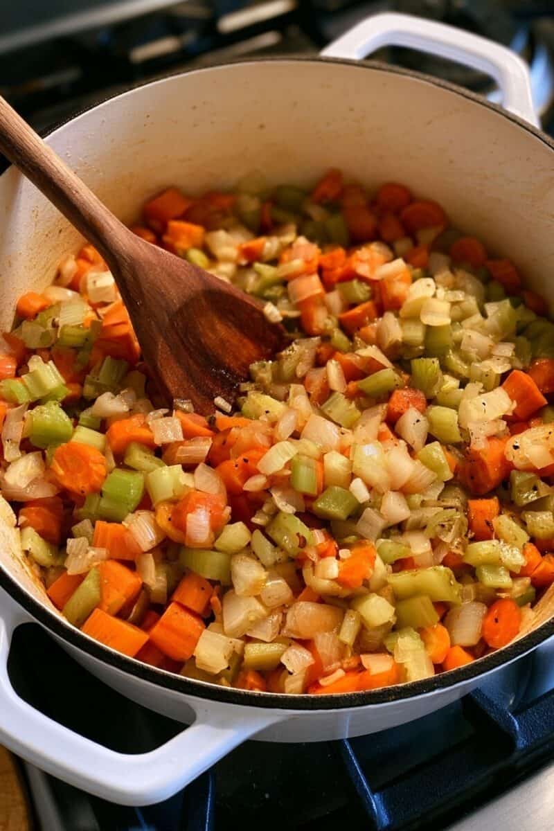 Close-up of sliced carrots, diced celery, and chopped onions sautéing in a white Dutch oven on the stovetop, with a wooden spoon resting among the vegetables.