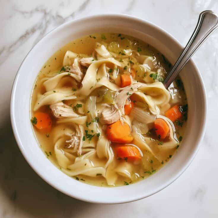 Overhead view of a white bowl filled with homemade chicken noodle soup, featuring wide egg noodles, shredded chicken, sliced carrots, celery, and herbs in golden broth, with a silver spoon resting inside.