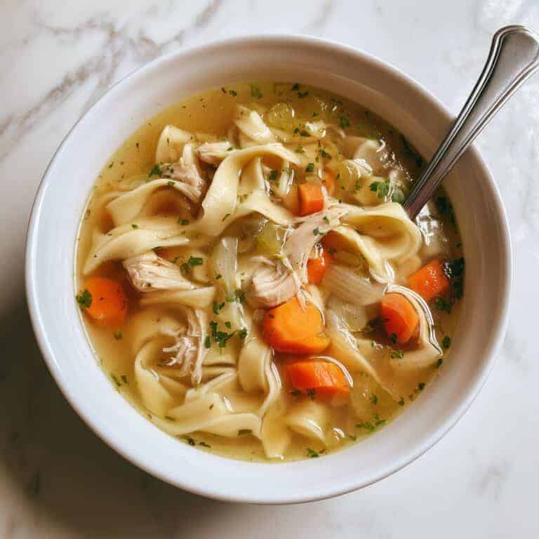 Overhead view of a white bowl filled with homemade chicken noodle soup, featuring wide egg noodles, shredded chicken, sliced carrots, celery, and herbs in golden broth, with a silver spoon resting inside.
