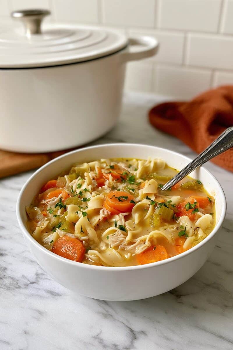 White bowl of homemade chicken noodle soup with shredded chicken, wide egg noodles, sliced carrots, celery, and chopped herbs in golden broth. A spoon rests in the bowl, with a white Dutch oven in the background.