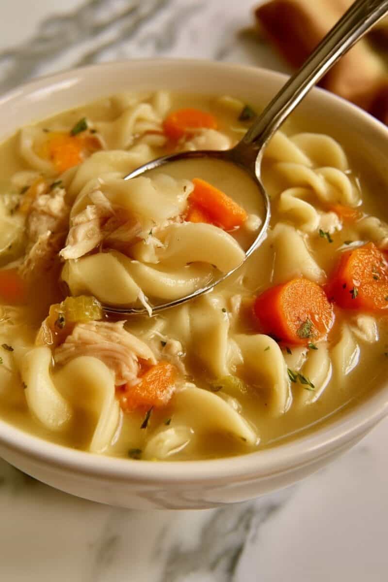 Close-up of a spoon lifting wide egg noodles, shredded chicken, and a carrot slice from a white bowl of chicken noodle soup, with more chicken, carrots, celery, and golden broth visible below.