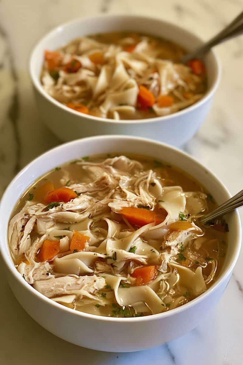 Two white bowls of homemade chicken noodle soup on a marble countertop, filled with shredded chicken, wide egg noodles, sliced carrots, and herbs in golden broth. The front bowl is in focus, with the second bowl softly blurred in the background.