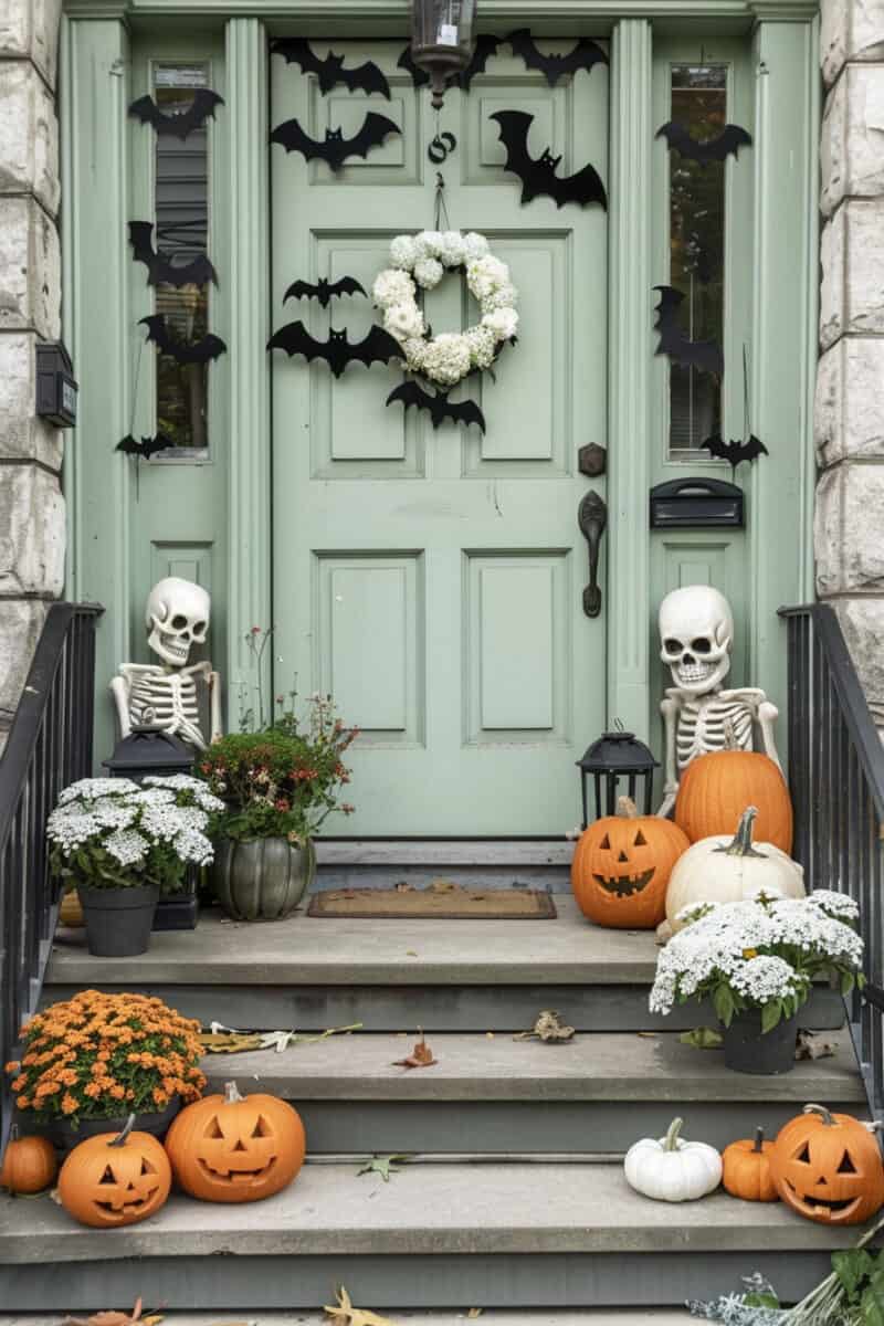 Charming halloween front porch with green front door.