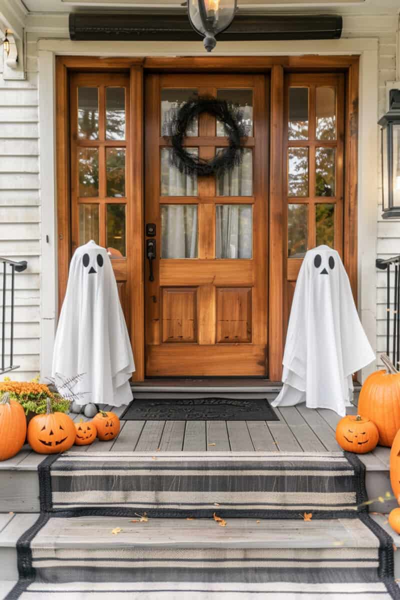 A spooky front porch with ghosts. Halloween home decor.