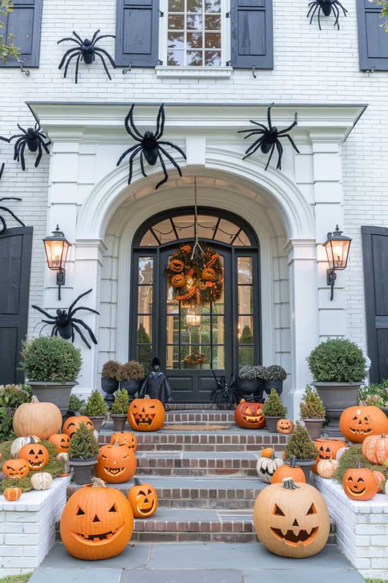 Creepy spider halloween decor for porch.