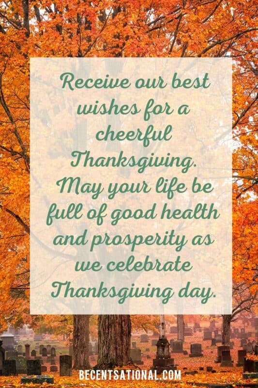 Receive our best wishes for a cheerful Thanksgiving. May your life be full of good health and prosperity as we celebrate Thanksgiving day.