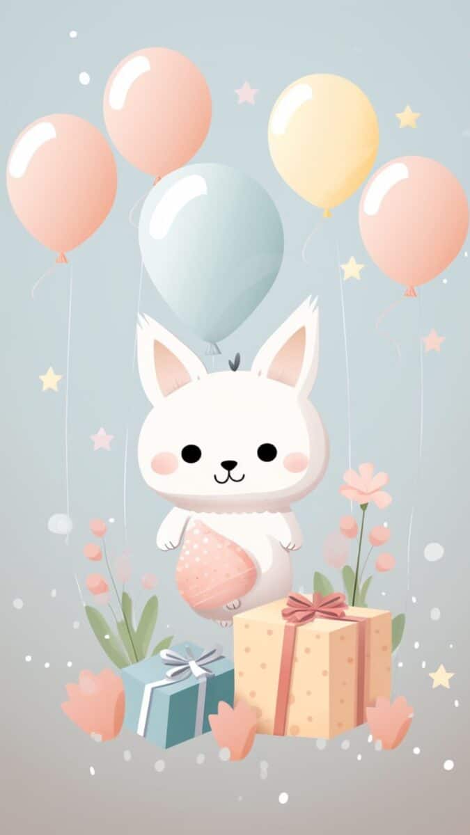Cat cartoon with birthday balloons.