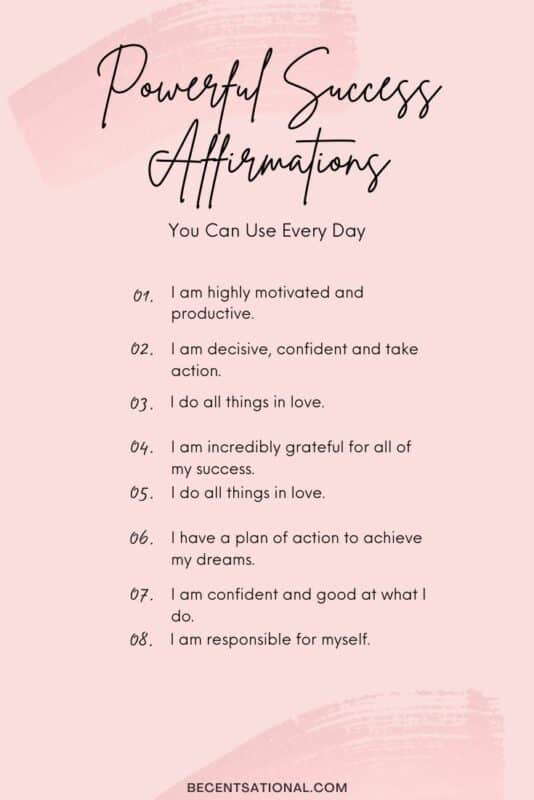 List of eight Powerful Success Affirmations on a pastel pink background.