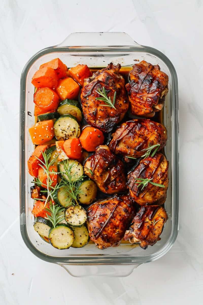 Image showing a container with juicy, balsamic-glazed chicken breasts that have a rich, dark sheen from the balsamic reduction. Accompanying the chicken are a variety of roasted vegetables including bell peppers, zucchini, and carrots, their edges charred slightly by the oven's heat, indicative of a savory roast.