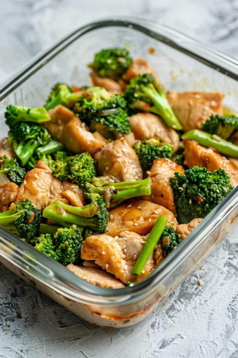 Photo showing a colorful Chicken and Broccoli Stir-Fry in a glass container. The chicken is golden-brown, and the broccoli is a bright green. Everything is coated with a glistening soy sauce and honey glaze.