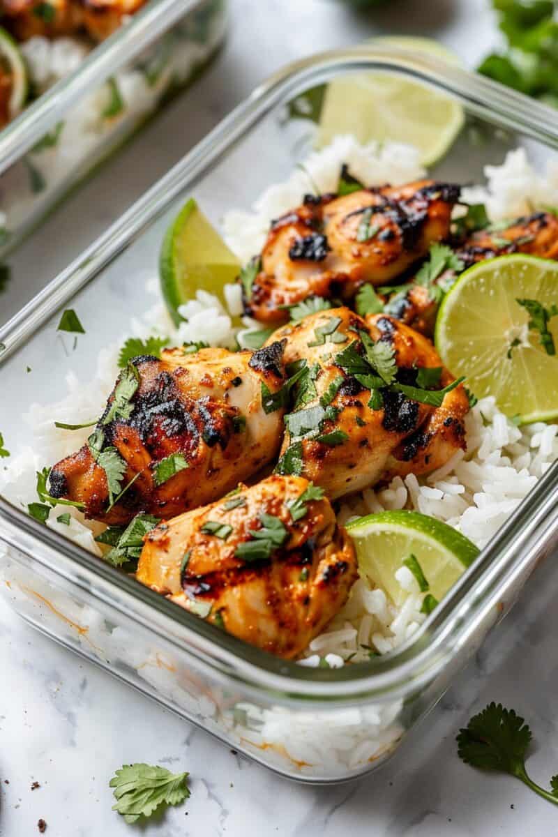 Image of a meal prep container filled with succulent Chili Lime Chicken next to a portion of fluffy white rice. The chicken breast, grilled to perfection, has a slightly charred exterior with visible grill marks, indicating a smoky flavor. It's garnished with lime slices and a sprinkle of chili flakes, adding a pop of color and hinting at the zesty and spicy taste. The white rice looks steamed to perfection, providing a simple yet perfect complement to the flavorful chicken.
