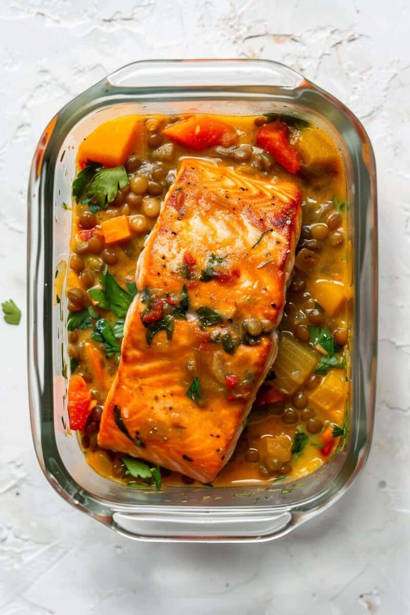 Photo depicting a piece of salmon, its surface seasoned with a golden-yellow curry spice blend, laying atop a bed of cooked lentils. The salmon has a moist, flaky texture, and the lentils are studded with bits of carrot and onion, all presented in a clear meal prep glass container.