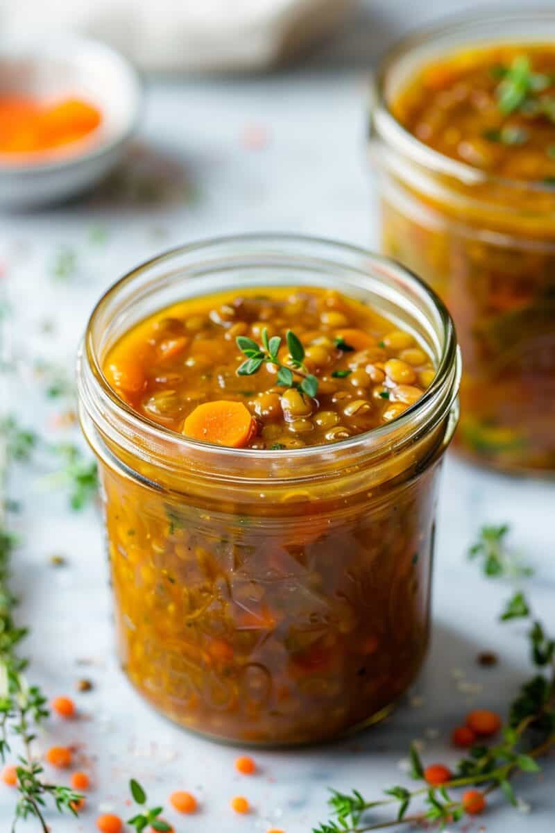 Picture of a hearty Spiced Lentil Soup in a meal prep mason jar, brimming with lentils, diced carrots, celery, and tomatoes, topped with a sprinkle of vibrant green spinach.