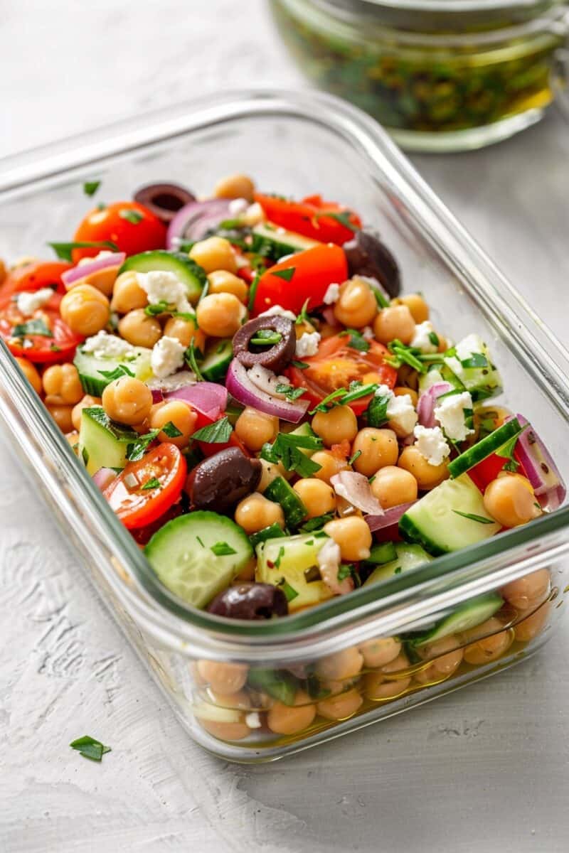 Overhead image of a colorful Greek Chickpea Salad in a clear meal prep container, showing a mix of chickpeas, diced cucumber, cherry tomatoes, red onion, and crumbled feta cheese, all topped with dark purple sliced olives and dressed with a light vinaigrette.
