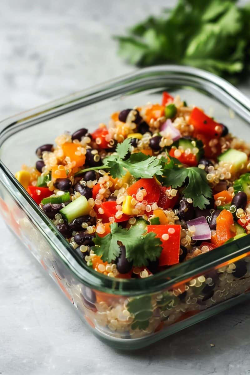 Image of a vibrant Quinoa & Black Bean Salad in a glass meal prep container. Visible are the fluffy quinoa, glossy black beans, bright red bell pepper chunks, and fresh cilantro, all lightly dressed with a tangy lime dressing.