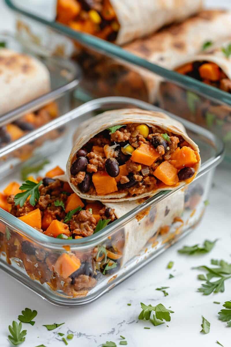 Photo of Sweet Potato and Black Bean Burritos in a meal prep container, cut in half to reveal the colorful filling of roasted sweet potatoes and black beans, with a side of bright green cilantro.