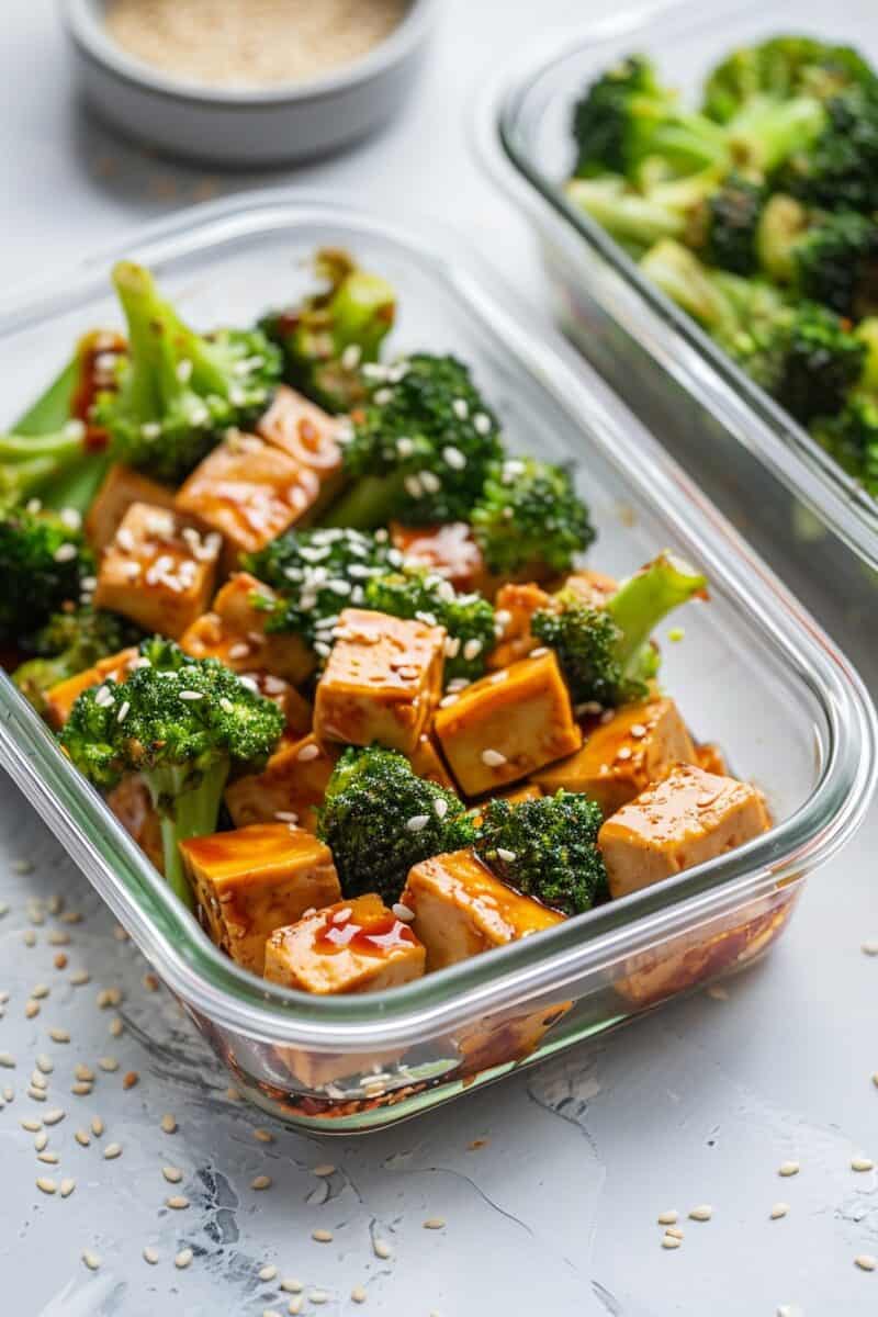 Photo of a neatly organized meal prep container with Teriyaki Tofu and Broccoli. The tofu is caramelized and coated in a thick teriyaki sauce, nestled next to vibrant green steamed broccoli, sprinkled with sesame seeds.