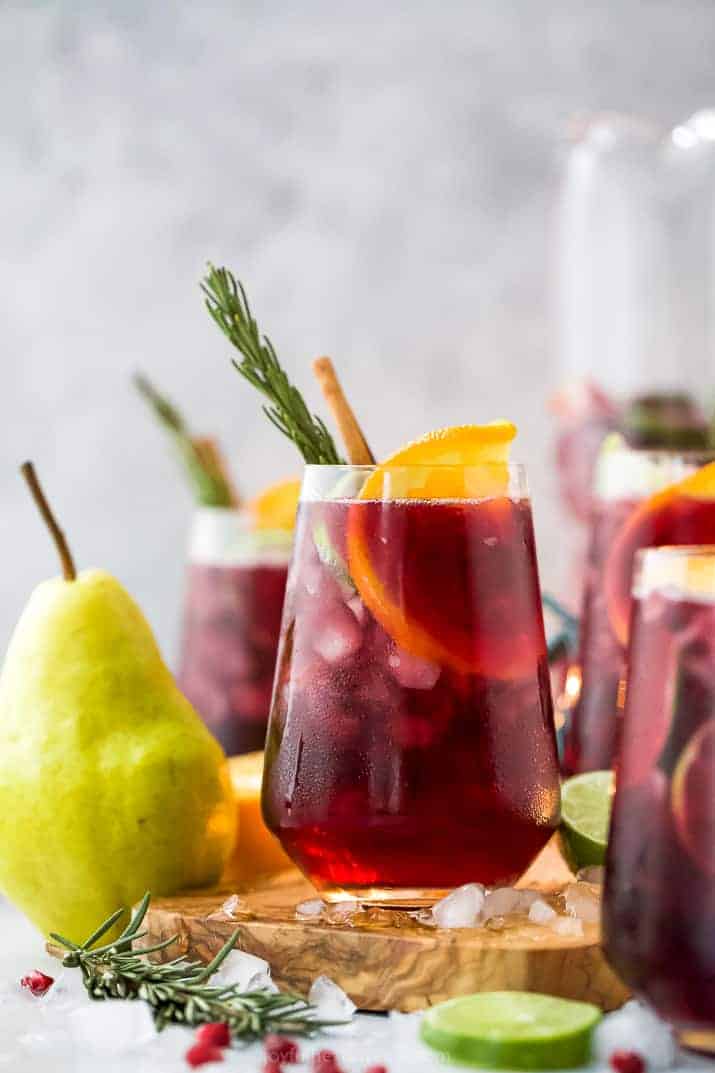 The Ultimate Holiday Sangria. A glass of red sangria.