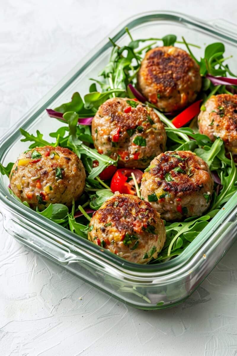 Image displaying Turkey and Vegetable Meatballs atop a nest of salad greens, all contained in a glass meal prep container, with meatballs garnished with parsley and marinara sauce.