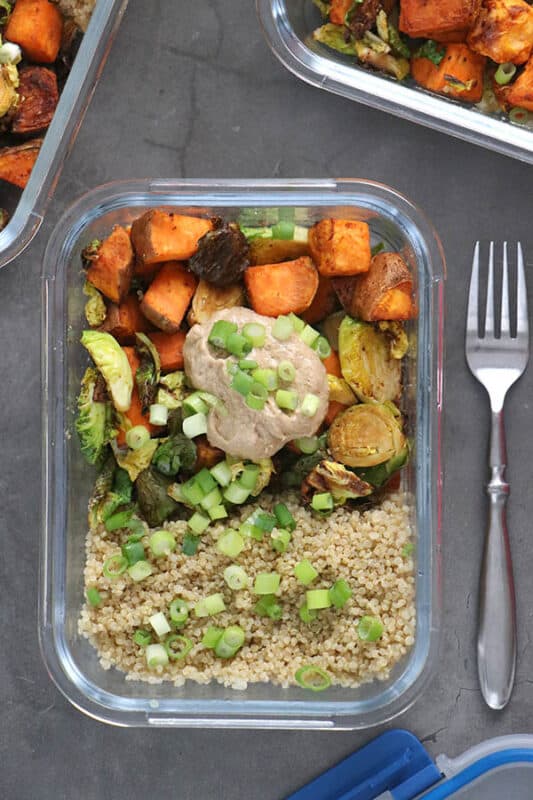 Air Fryer Sweet Potatoes & Brussels Sprouts-Vegan Meal prep ideas