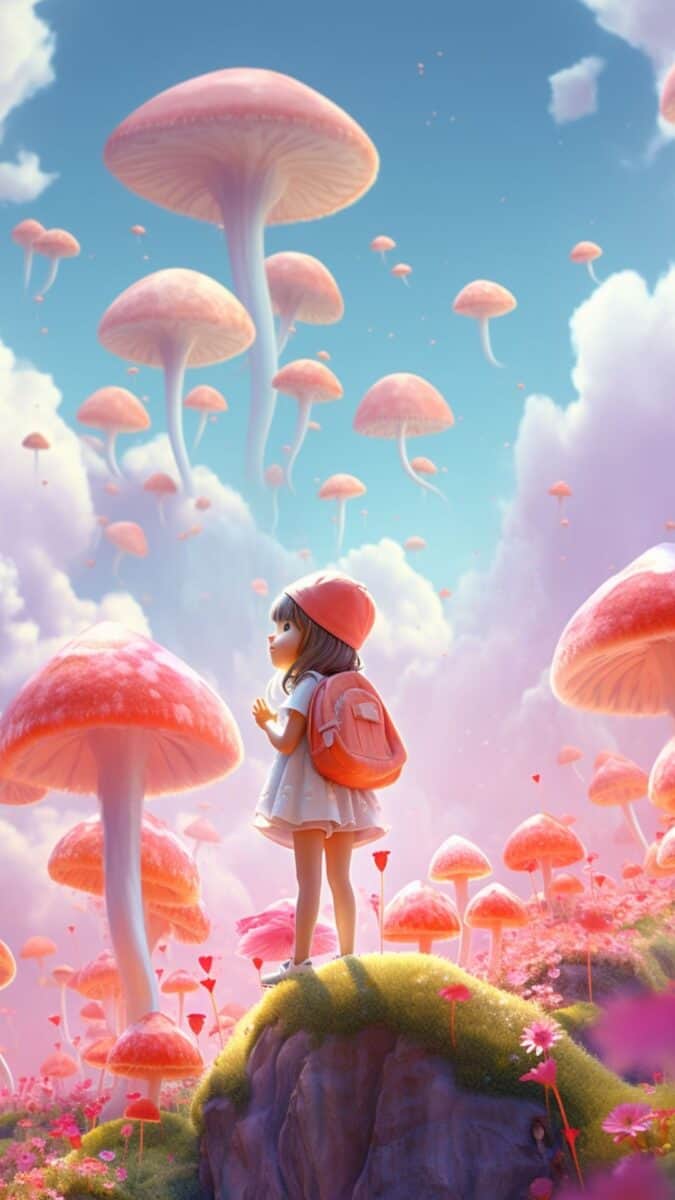 Little girl in pink mushroom city.