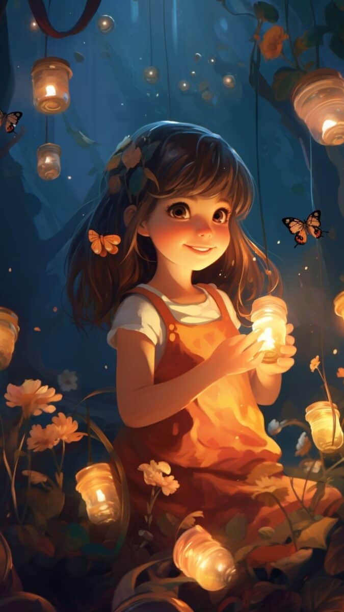 phone screen of little girl in enchanted forest.