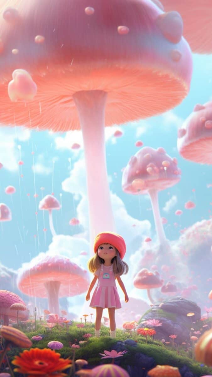 Little girl in mushroom city.