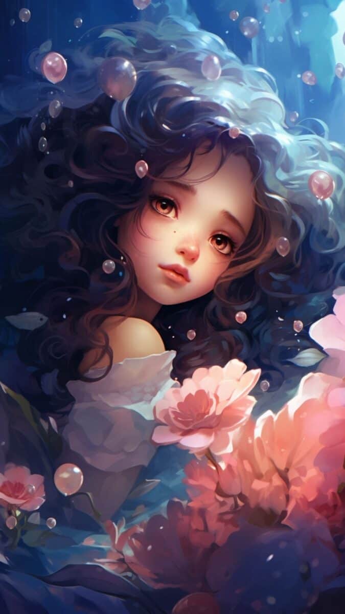 girl with flowers floating around her.
