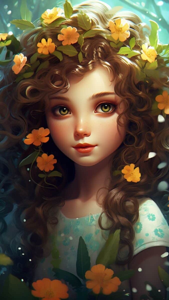 Cute girl with flowers in hair.