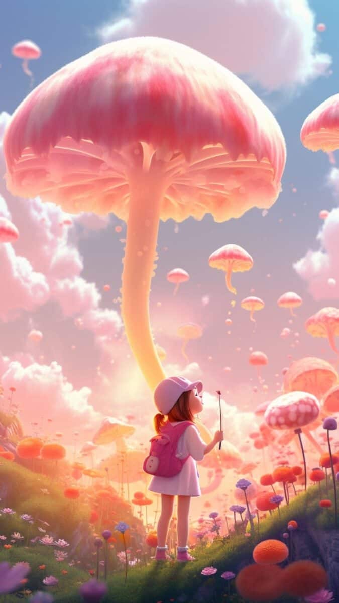 Little girl in mushroom city.