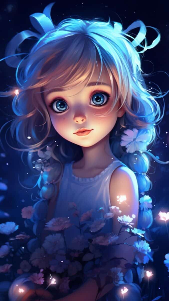Photorealistic girl with flowers floating around her in enchanted forest.