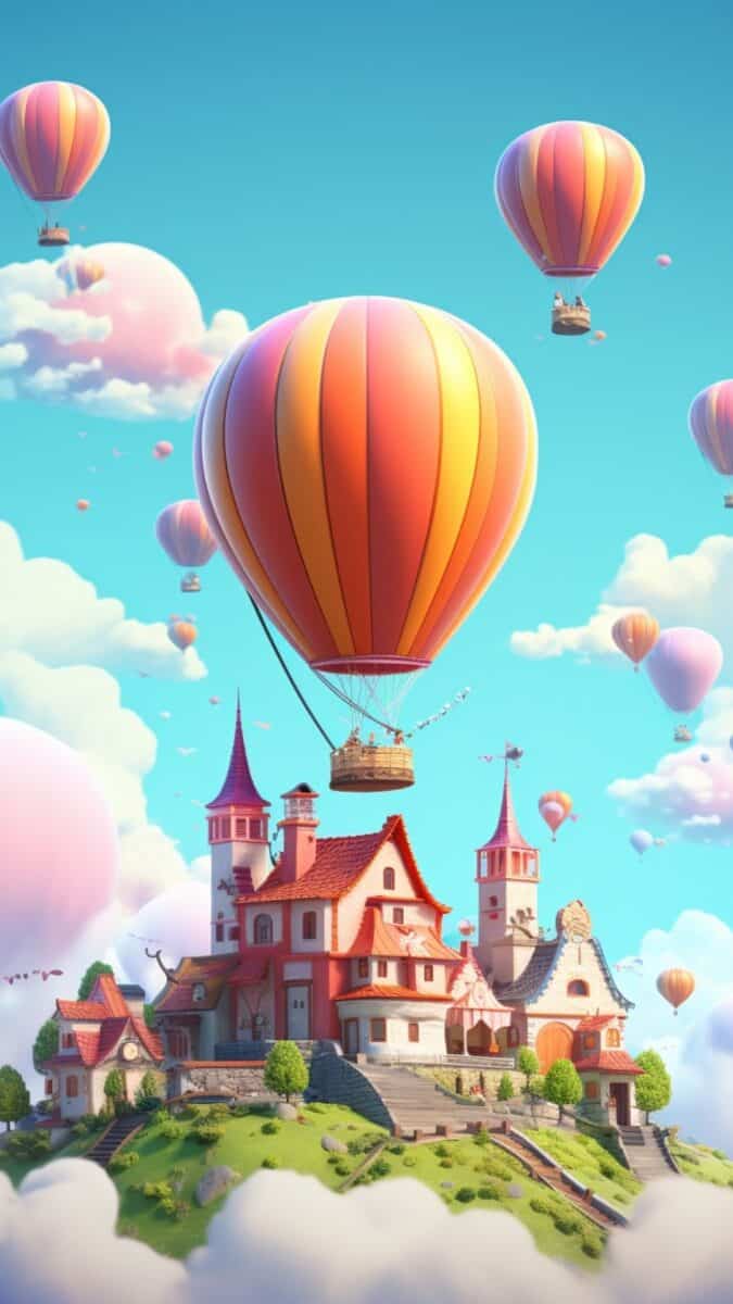 Cartoon castle with air balloon.