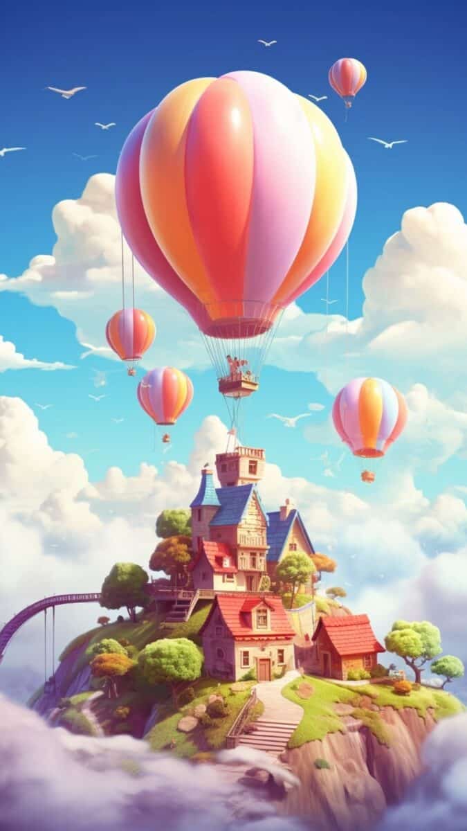 Floating castle with colorful hot air balloons.