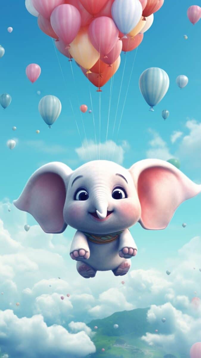Elephant, pink clouds and colorful balloons.