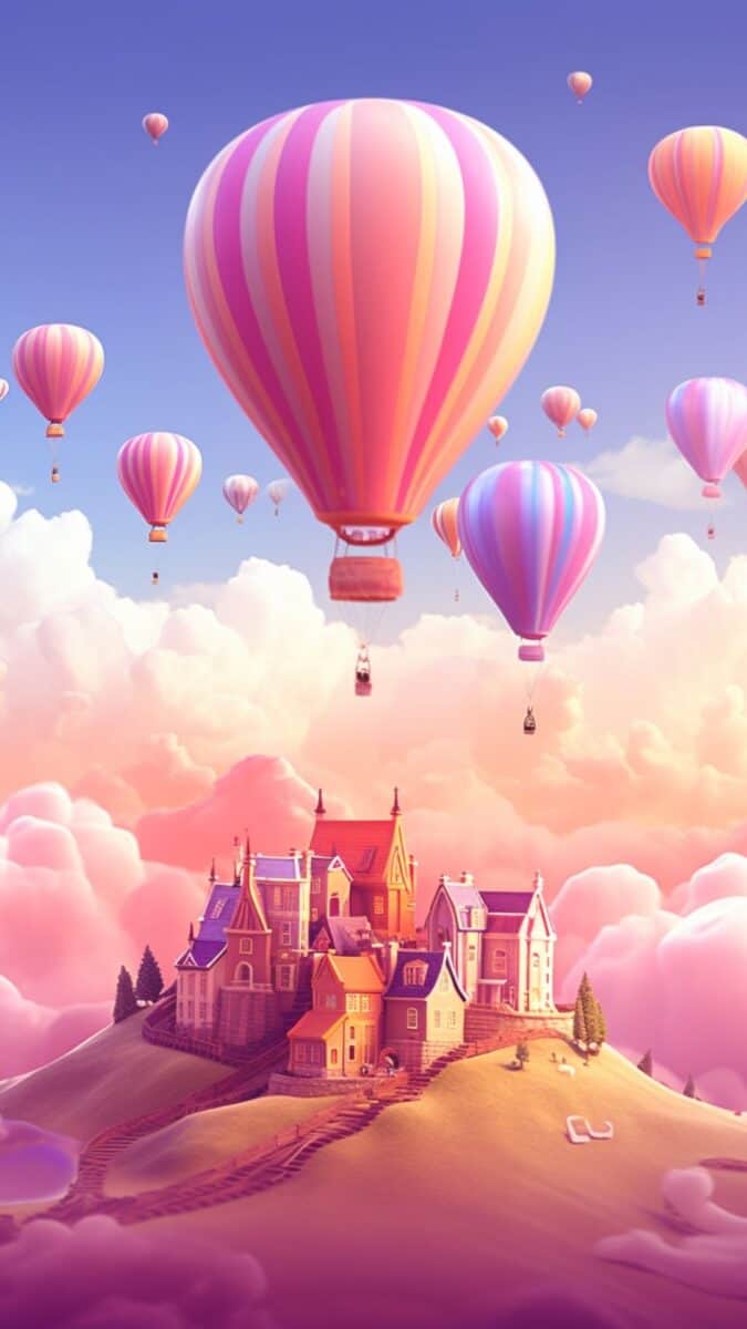 Floating castle with colorful hot air balloons.