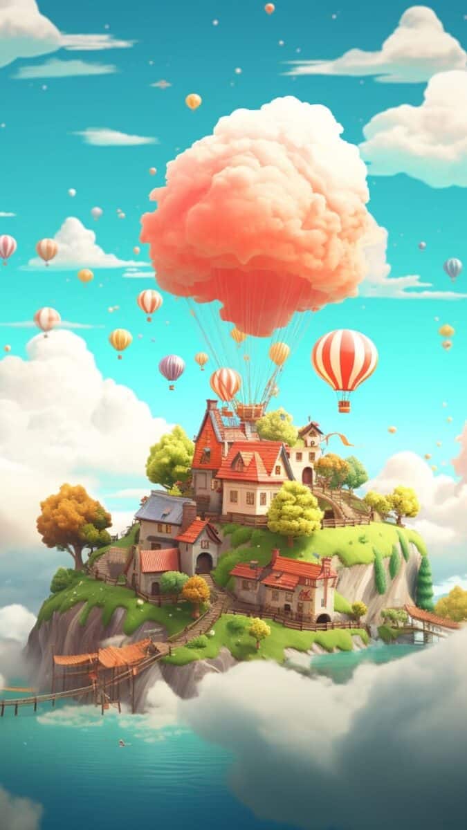 Castle in the sky being pulled with pink cloud.