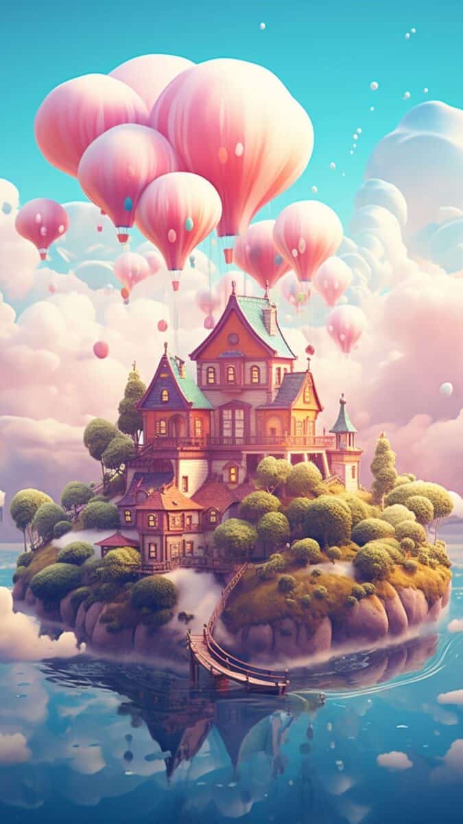 floating mountain with castle floating with pink air balloons.