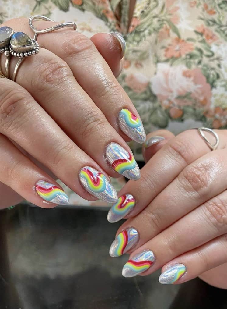 Summer Rainbow Nails, rainbow glitter nails