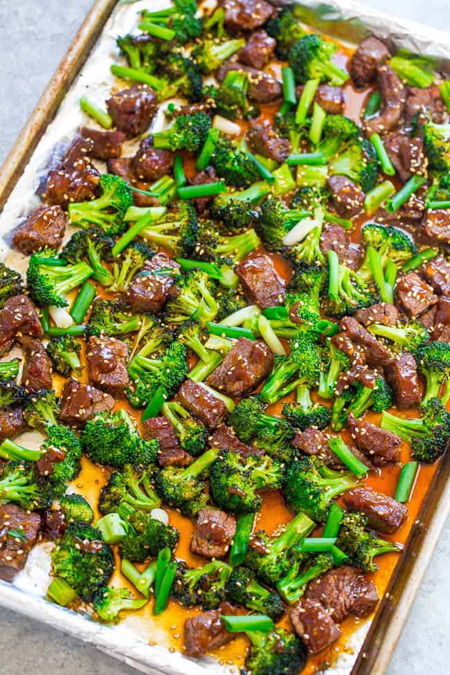 Beef with broccoli in a sheet pan