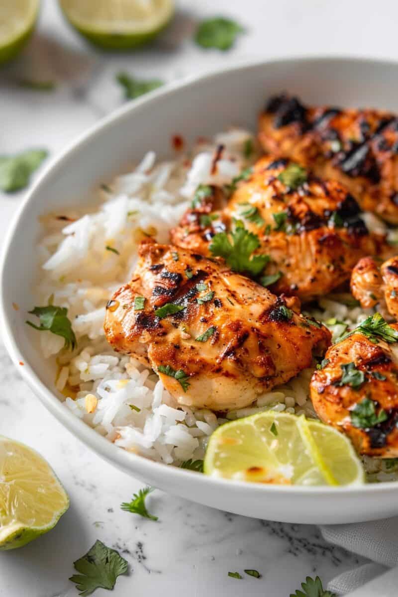 A bowl of grilled lime chicken served over a bed of white rice, garnished with fresh cilantro and lime wedges. This summer recipe showcases a delicious and flavorful chicken recipe perfect for warm weather meals.
