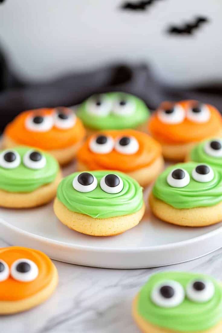 Halloween cookies on a white plate with green and orange eyes.
