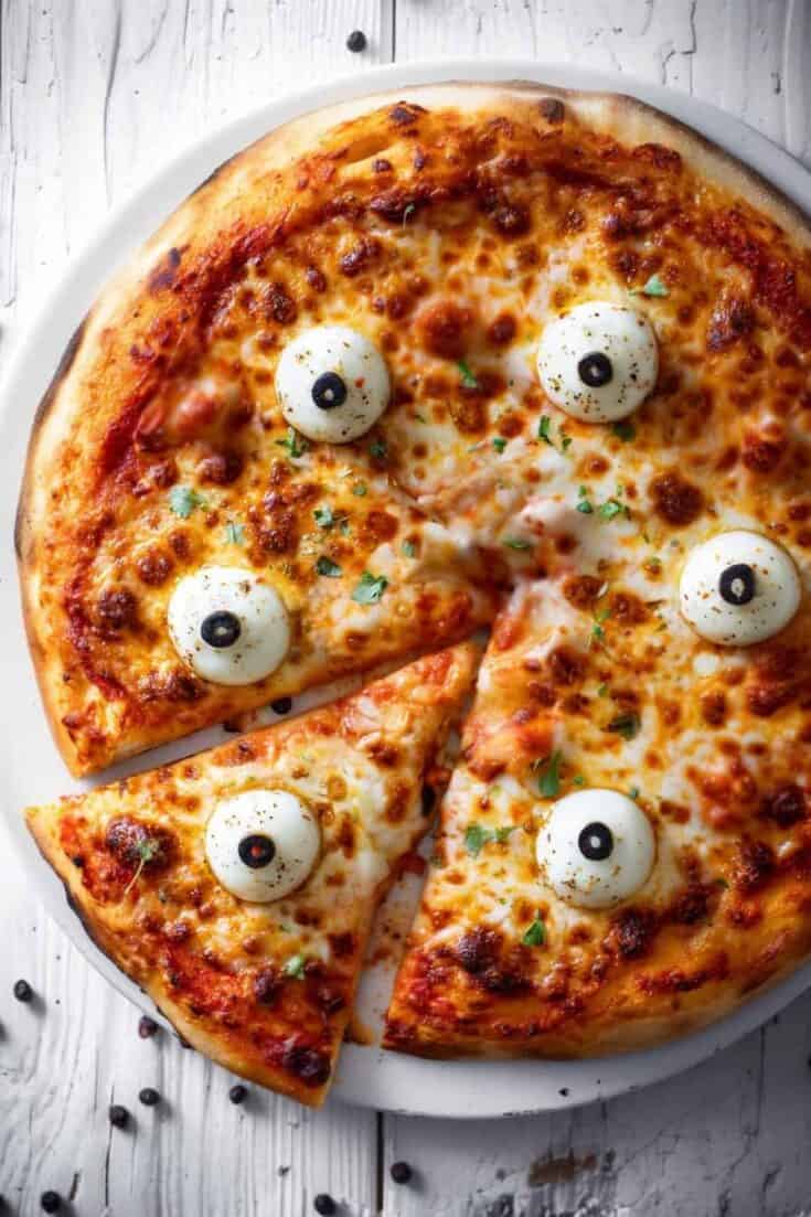 A halloween pizza with eyes on it.