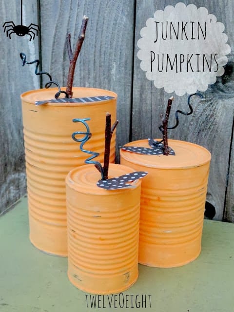 painted tin can pumpkin craft for halloween decor